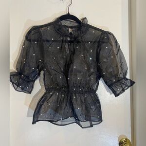 Sheer black bedazzled sequin top with puffy sleeves